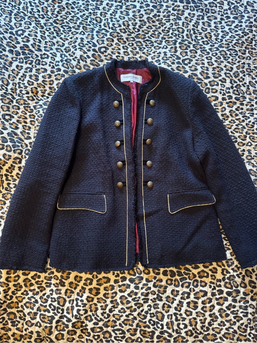Gerard Darel Navy Bouclé Military-Style Jacket with Gold Trim